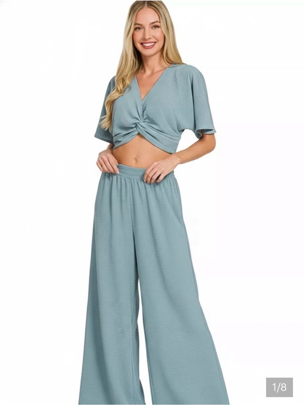 Dusty Blue top and wide leg pant set - Picture 2 of 3